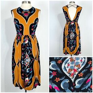 Womens Whimsy Twee Retro Midi Dress Sz Small Bird Floral Butterfly Motif Novelty